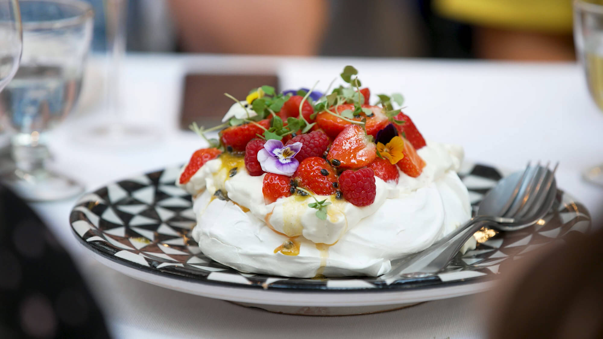 Close up of a strawberry meringue dessert at a Hearst Live and Volvo sponsored event, filmed by Rise Media