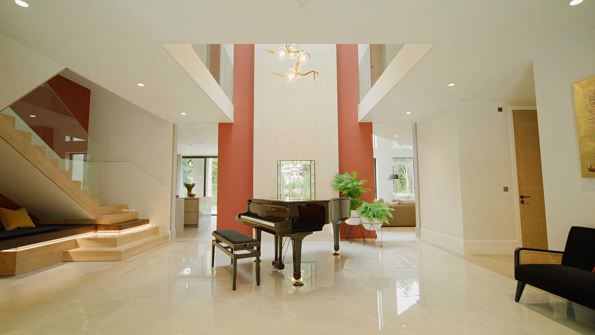 House interior shot of a large reception room including a piano from the Concept 8 fly-through video, from the Rise Media case studies archive