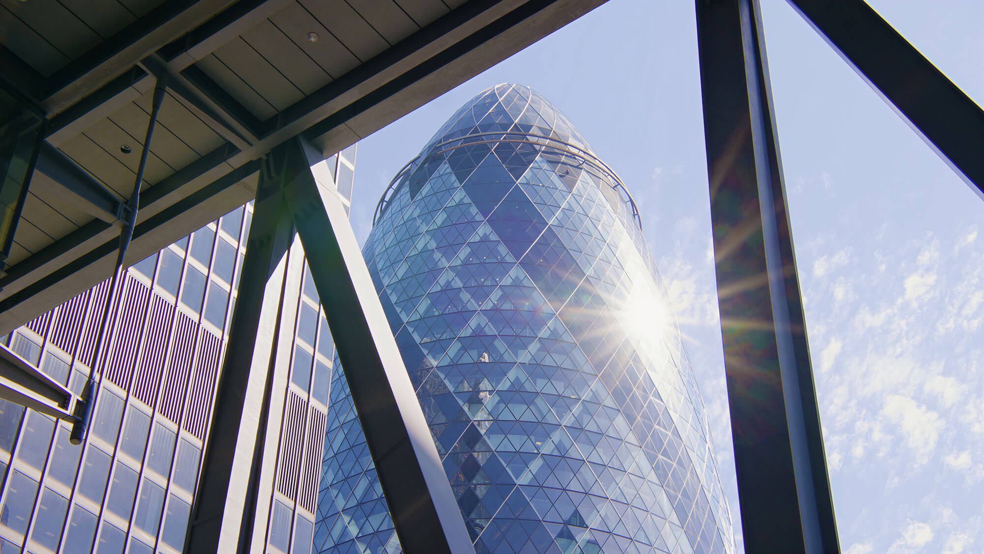 A shot looking up through a Leadenhall Building window at The Gherkin, from the Rise Media case studies archive