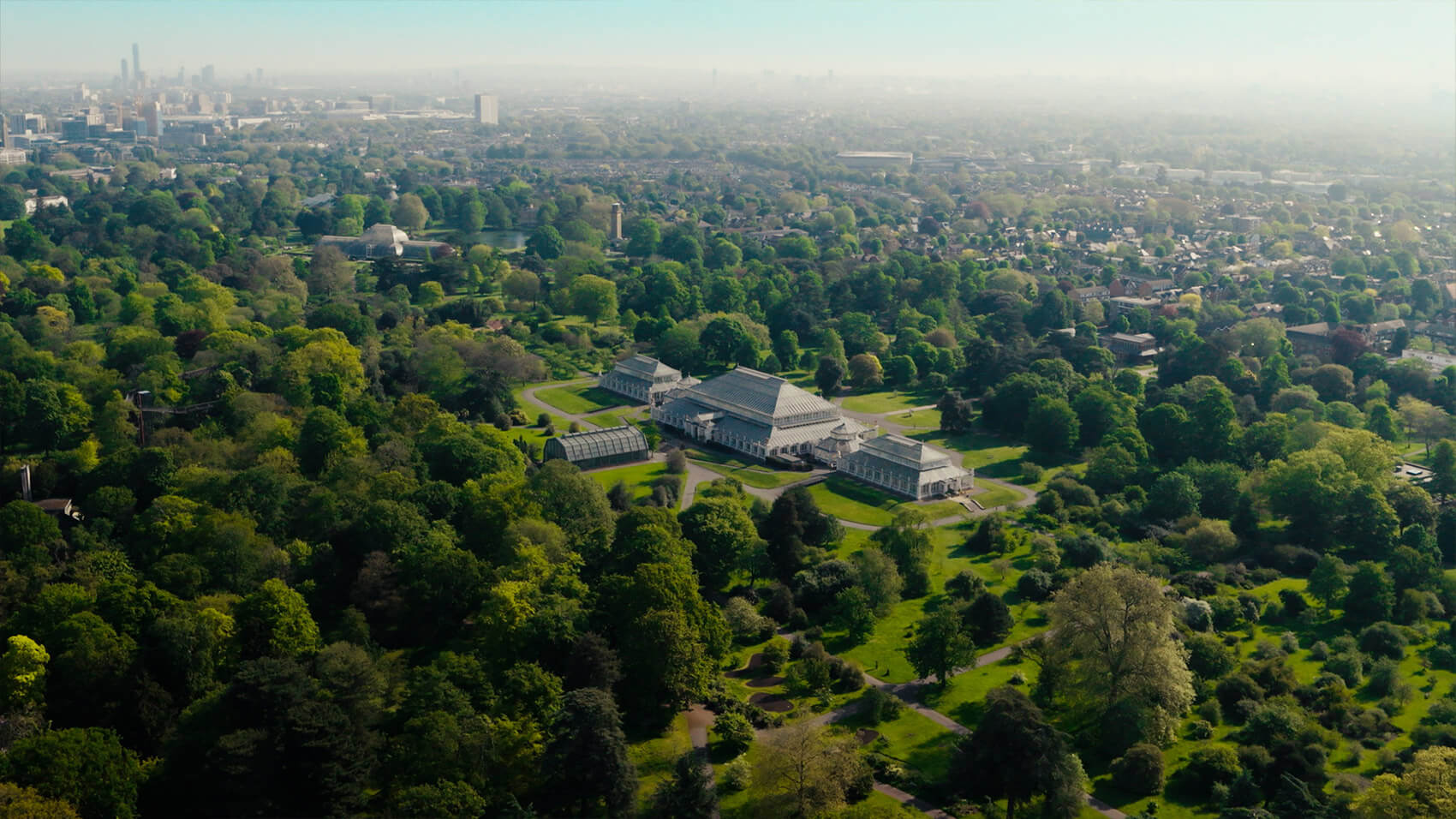 An aerial shot of Kew Gardens, London, by Rise Media.