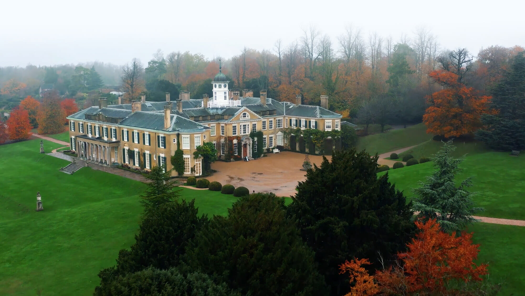 An aerial drone shot of National Trust site Polsden Lacey, from the Rise Media case studies archive
